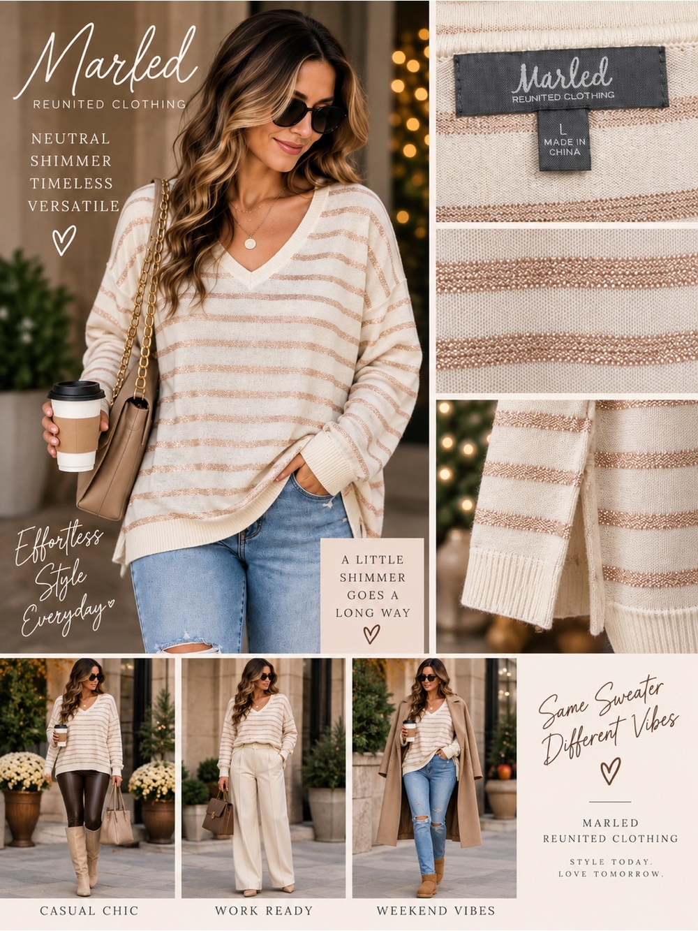 Marled Reunited Clothing L Cream Rose Gold Metallic Stripe V Neck Sweater